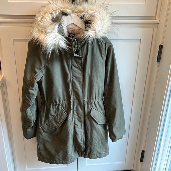 Abercrombie & Fitch 3-In-One Women's Olive Parka Jacket Removable Fur Hood Small - Picture 14 of 16